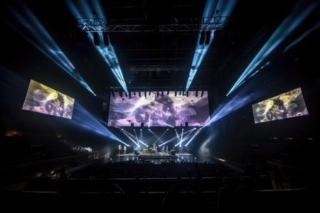 a concert venue with a huge screen projecting custom visuals for the live performance, created with generative aiの素材