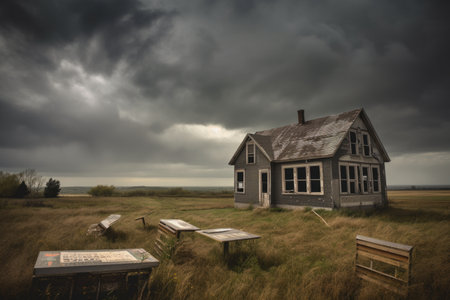 abandoned schoolhouse, with desks and blackboards still in place, against stormy sky, created with generative aiの素材