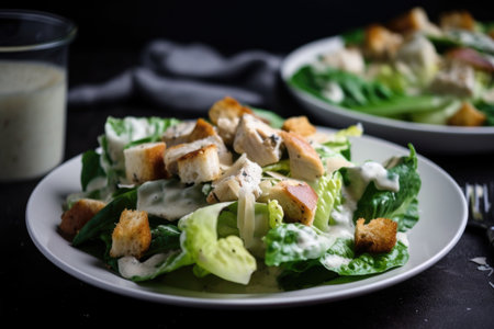 tasty chicken caesar salad, drizzled with creamy dressing and topped with tangy croutons, created with generative aiの素材