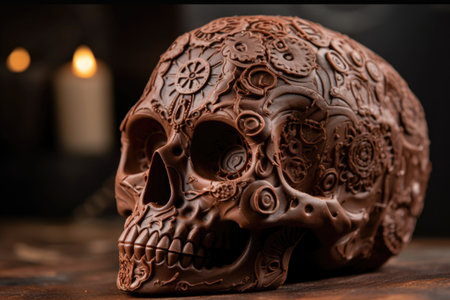 chocolate skull with intricate details on the surface and eye sockets, created with generative aiの素材