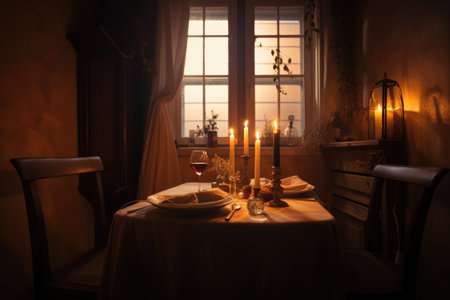 a candlelit dinner for two, with soft lighting and romantic music, created with generative aiの素材