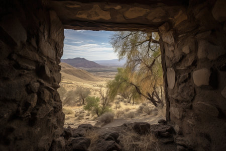 ancient ruin, with view of the surrounding landscape, providing glimpse into past, created with generative aiの素材
