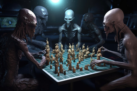 group of aliens playing a game of intergalactic chess, on board made out of stars and planets, created with generative aiの素材