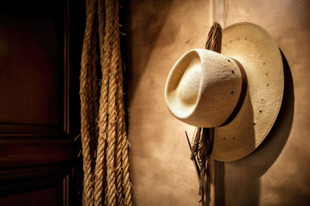 cowboy hat hanging on wall with rope coiled below it, created with generative aiの素材