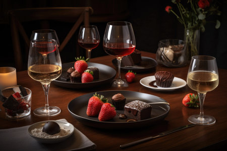 table setting with chocolate-covered strawberries, glass of red wine, and plate of assorted desserts, created with generative aiの素材