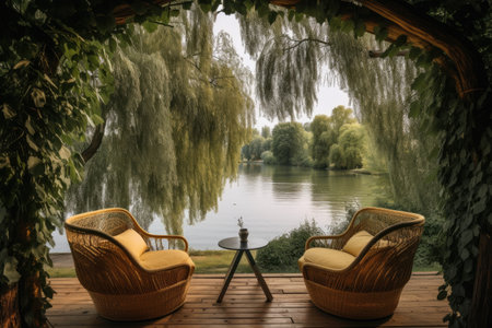 cozy seating area surrounded by greenery, with a view of the lake, created with generative aiの素材