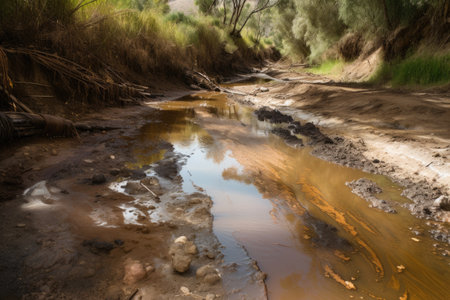transparent water stream filled with runoff, stained by chemicals and debris, created with generative aiの素材