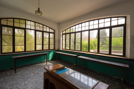 empty classroom with a view of garden and fountain, perfect for reading or taking notes, created with generative aiの素材