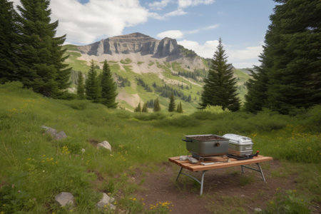 serene mountain setting with portable grill and picnic basket, created with generative aiの素材