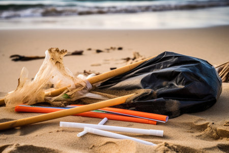 close-up of trash bag filled with cigarette , straws, and other debris from the beach, created with generative aiの素材