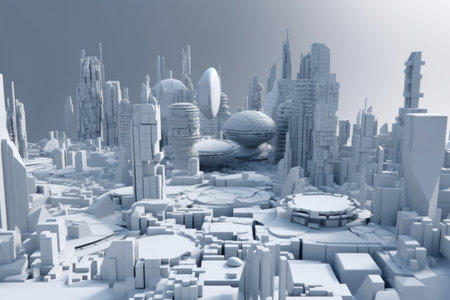 3d model of a futuristic city, with buildings and structures made of sleek and geometric shapes, created with generative aiの素材