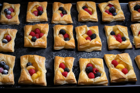 flaky puff pastries with fruit filling, ready to be baked or fried, created with generative aiの素材