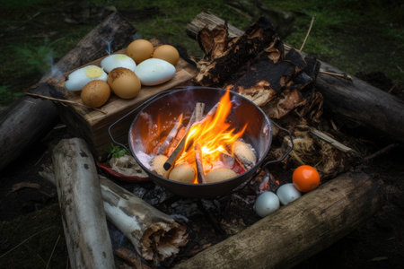 campfire cookbook with recipes for smores, campfire stew, and other outdoor cooking, created with generative aiの素材