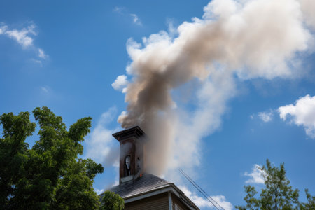 closer view of chimney, with smoke billowing out of the top and rising into the sky, created with generative aiの素材