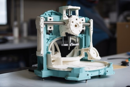 3d printing robot, with finished product and materials in place, preparing to print another object, created with generative aiの素材