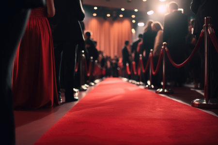 red carpet, leading the way to gala or awards ceremony, with view of celebrity-filled audience in the background, created with generative aiの素材