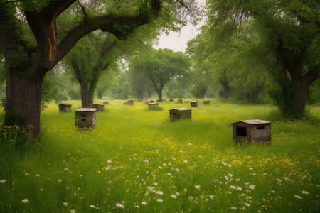 peaceful meadow filled with the sounds of nature, including chirping birds and buzzing bees, created with generative aiの素材