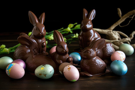 chocolate bunnies and eggs for easter, created with generative aiの素材