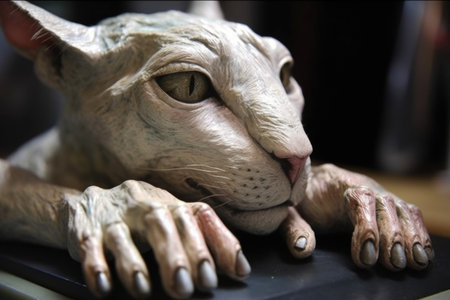 close-up of alien hand, with its strange and delicate fingers touching the head of a sleeping cat, created with generative aiの素材