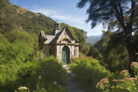 view of chapel surrounded by lush greenery, with mountains in the background, created with generative aiの素材