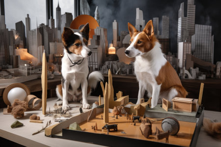 dog and cat architects, with their tools and materials, previewing futuristic cityscape, created with generative aiの素材