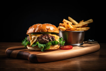 classic burger and fries on wooden board, ready to be consumed, created with generative aiの素材