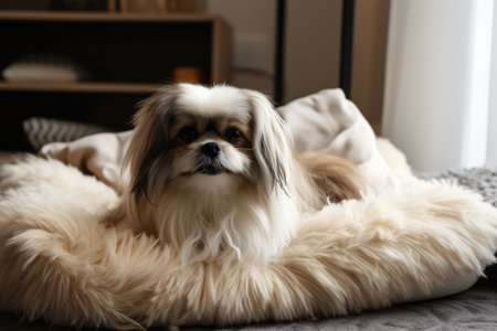 luxurious pet bed with fur blanket and pillow in bedroom setting, created with generative aiの素材