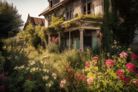 abandoned house, with broken windows and overgrown garden, surrounded by blooming flowers, created with generative aiの素材