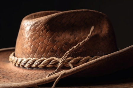 close-up of leather cowboy hat, with rope wrapped around the brim for decoration, created with generative aiの素材