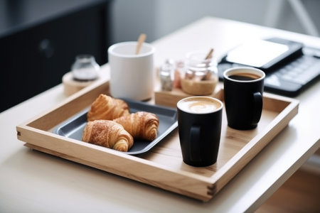 coffee break ritual in office, with mug of hot coffee and box of pastries, created with generative aiの素材