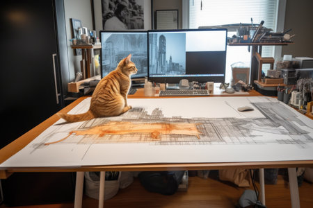 cat sits on drafting table, sketching out the design for a futuristic skyscraper, created with generative aiの素材