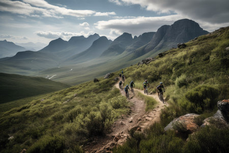 group of mountain bikers making their way down winding trail, with majestic scenery in the background, created with generative aiの素材