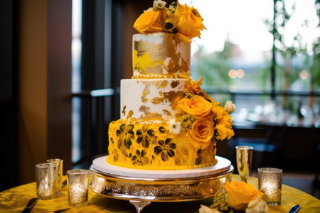 three-tier cake with bright yellow and gold accents, created with generative aiの素材