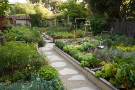 edible landscape garden with fruit trees, vegetables, and herbs, created with generative aiの素材