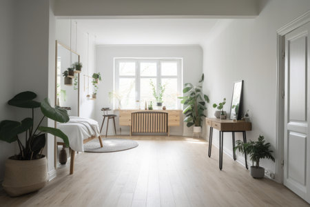 decluttering room with minimalist decor, white walls, and natural light, created with generative aiの素材