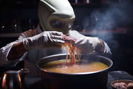 alien chef preparing delicious bowl of ramen noodles with rich and flavorful broth, created with generative aiの素材