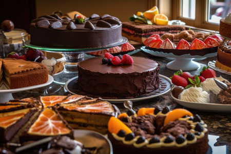chocolate cake, sliced and served with variety of desserts, including fruit pies and pastries, created with generative aiの素材
