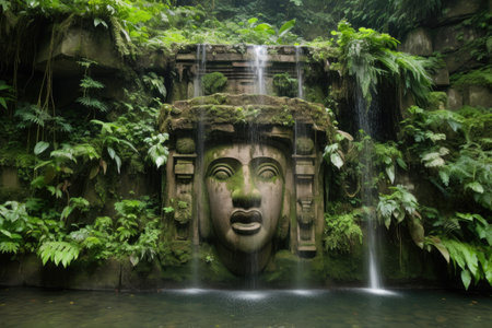 majestic stone face, with waterfalls and greenery in the background, created with generative aiの素材