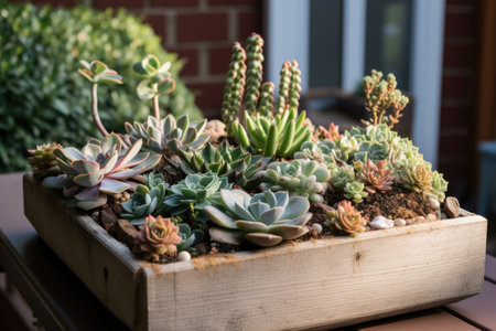 a diy succulent garden with a variety of different succulents, created with generative aiの素材