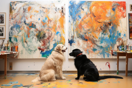 dog and cat artists working side by side on collaborative painting, putting their individual styles and personalities together for one unified piece, created with generative aiの素材
