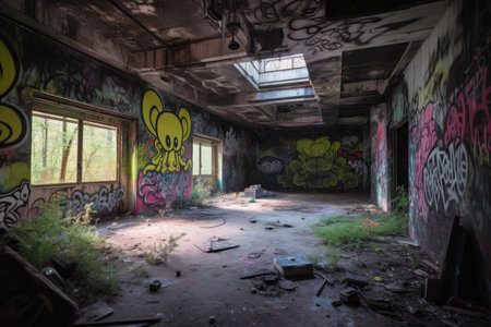 alien graffiti artist is spraying its creative markings on the walls of an abandoned building, created with generative aiの素材