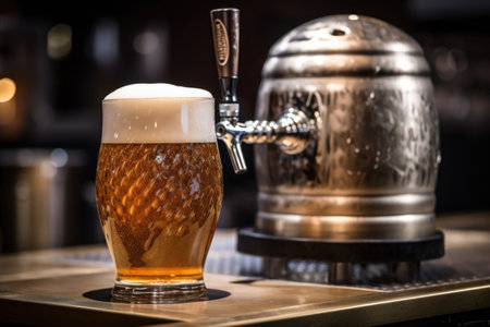 metal keg with foamy wave of beer and glass with frothy head in the background, created with generative aiの素材