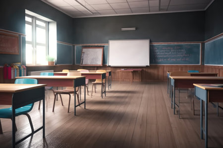 empty classroom with chalkboard and wooden desks for school project or learning, created with generative aiの素材