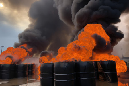 chemical waste stored in barrels at chemical plant, with smoke and flames coming from the chimney, created with generative aiの素材