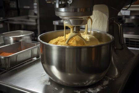 close-up of commercial mixer, with ingredients being mixed and churned, created with generative aiの素材