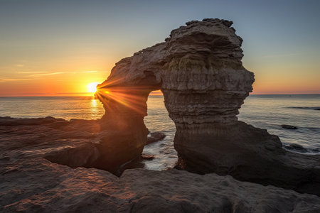 a natural rock formation with a view of the sunset, created with generative aiの素材