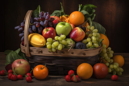 basket of fruits and vegetables, representing variety of immune-boosting foods, created with generative aiの素材