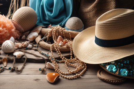 tropical beach scene with accessories, including straw hats, jewelry and colorful clothing, created with generative aiの素材
