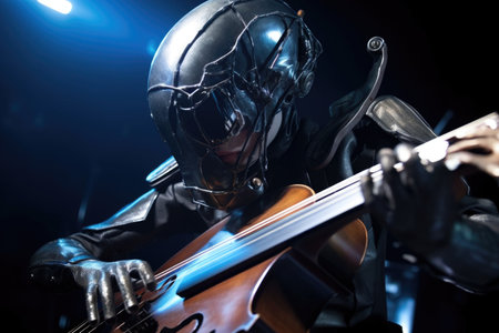 close-up of alien musician playing futuristic, otherworldly instrument during riveting performance, created with generative aiの素材
