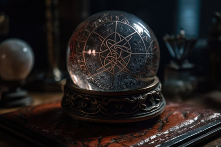 close-up of crystal ball with mystical runes and symbols floating in the center, created with generative aiの素材